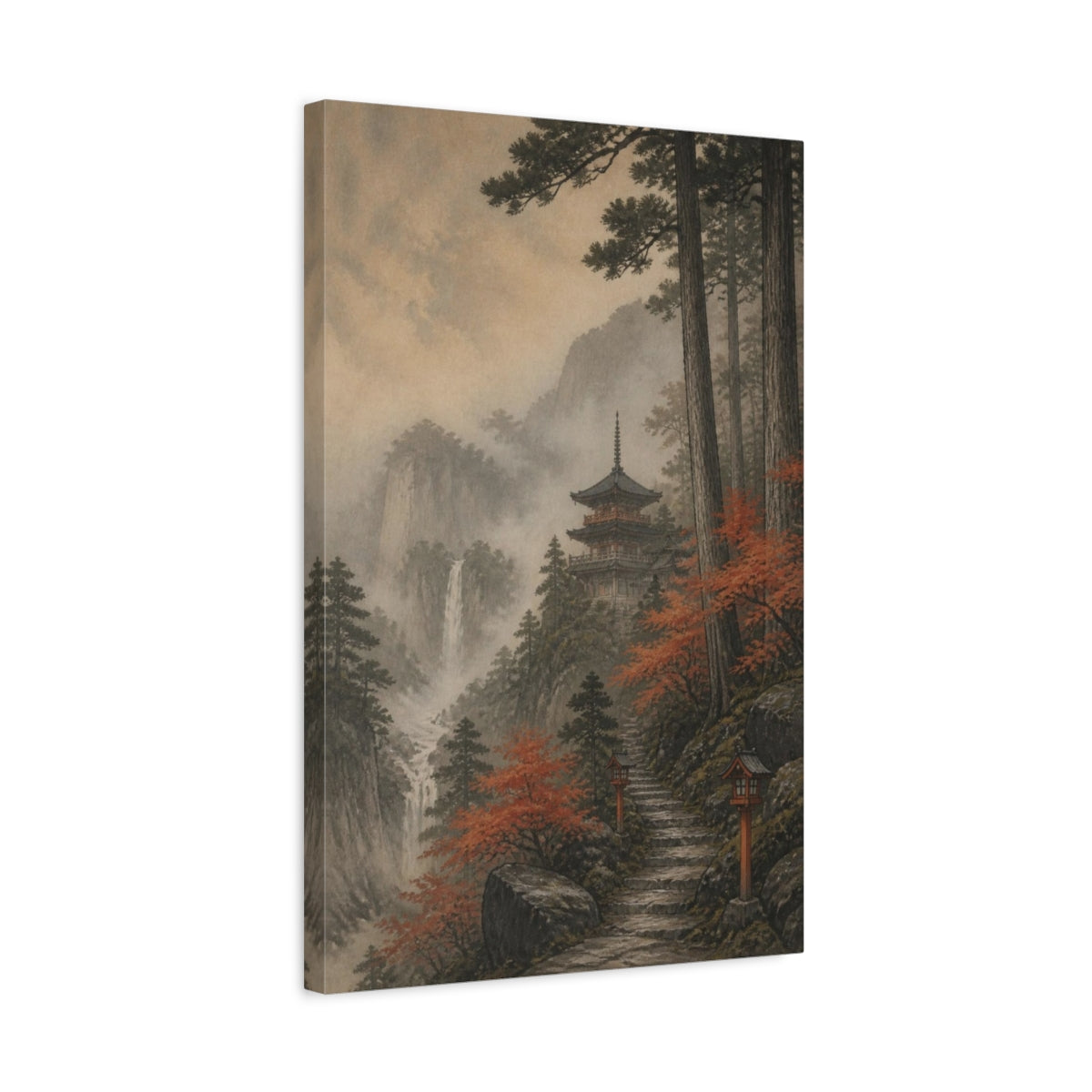 Side Mockup 3. Misty Japanese Pagoda shown as canvas print