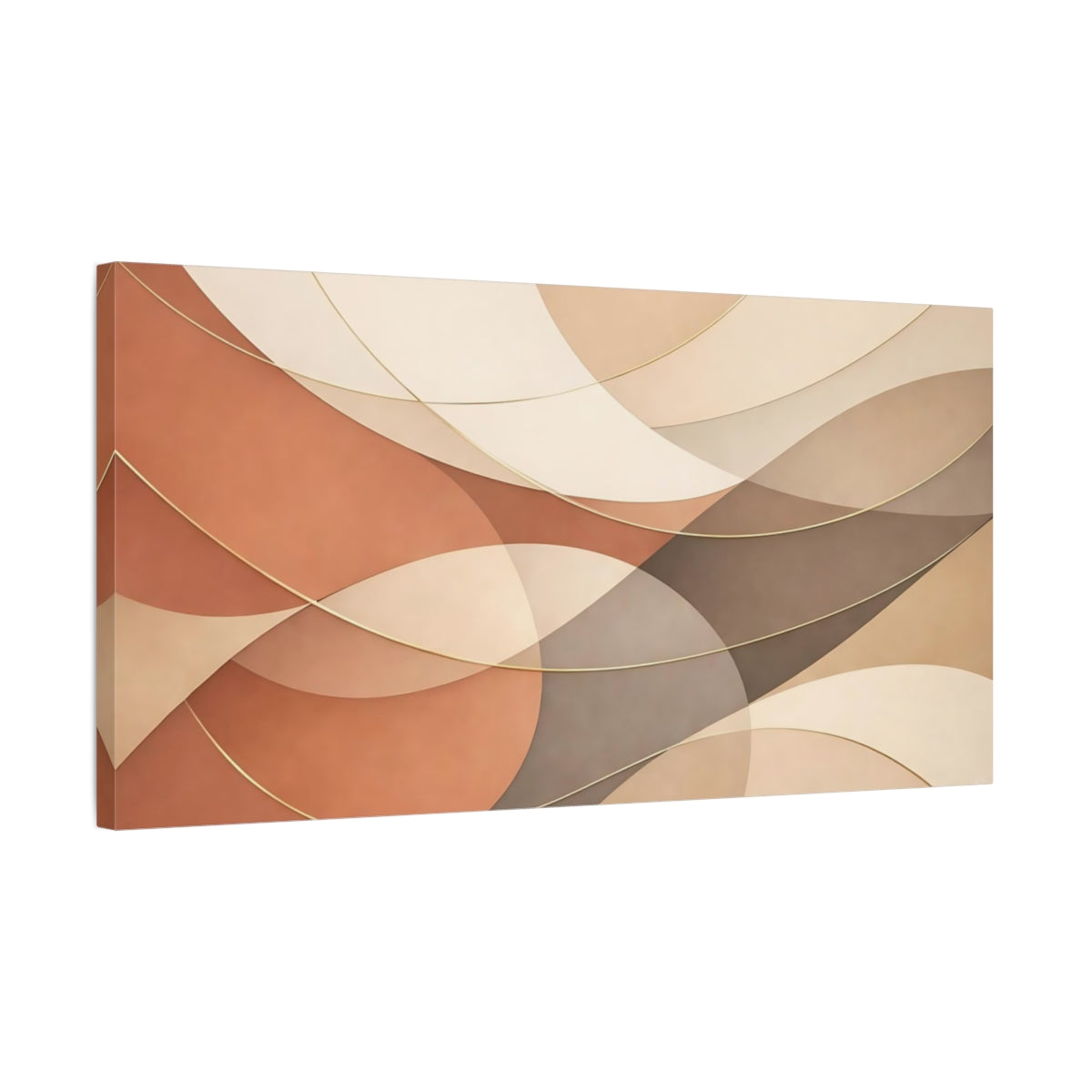 Side Mockup 2. Abstract Curved Shapes Brown Gold Abstract shown as stretched canvas wall art