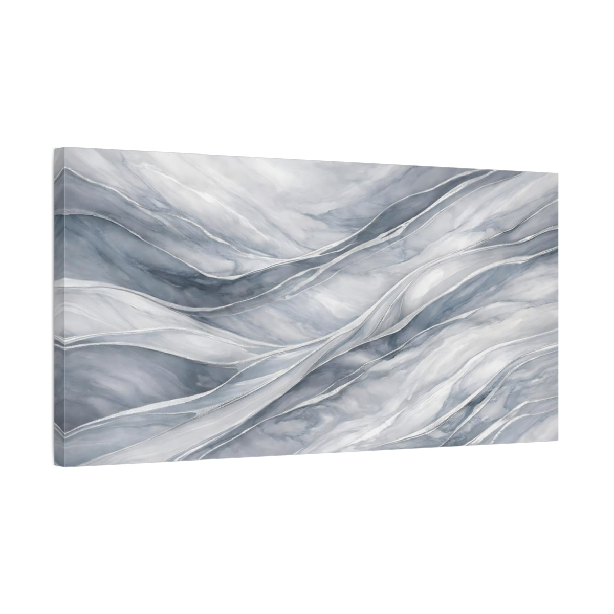 Side Mockup 2. Abstract Abstract Flow Grey And Silver shown as stretched canvas wall art