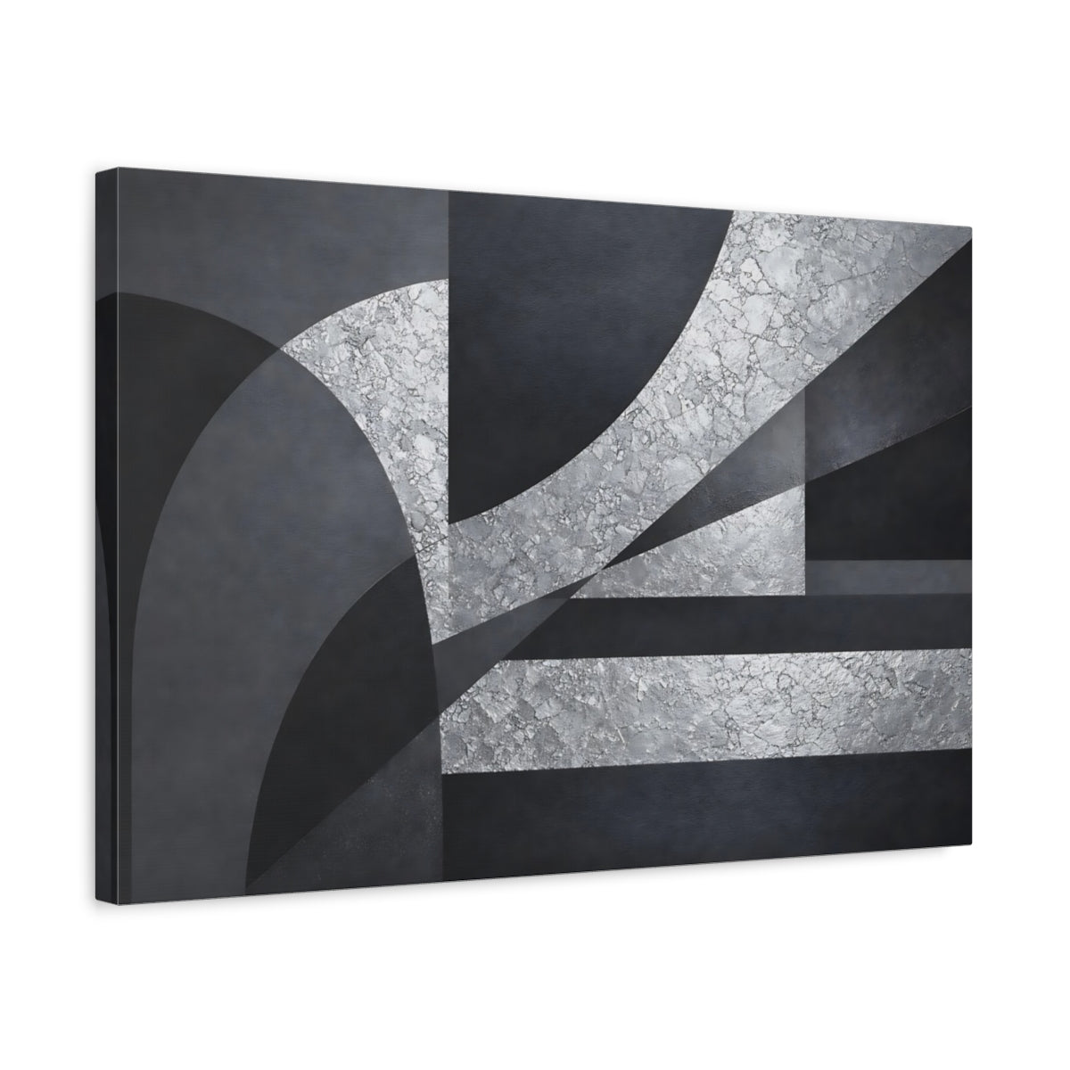 Side Mockup 3. Abstract Geometric Abstraction Silver And Gray Abstract shown as stretched canvas wall art