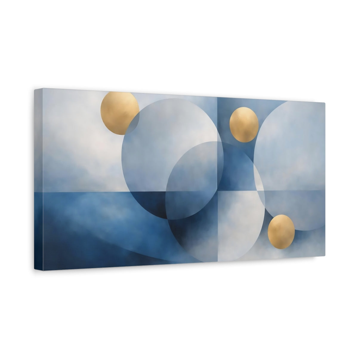 Side Mockup 3. Abstract Geometric Circles Blue And Gold shown as stretched canvas wall art