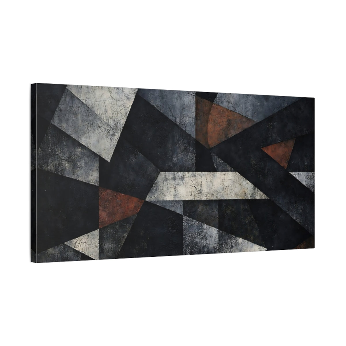 Side Mockup 2. Abstract Geometric Forms Black Grey Abstract shown as stretched canvas wall art