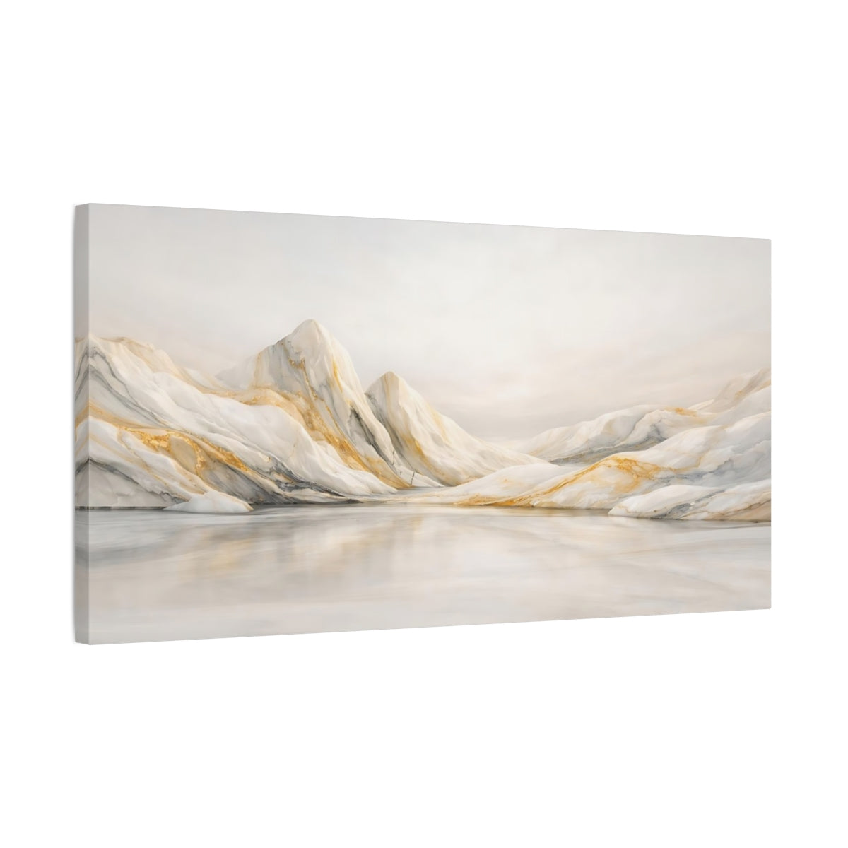 Side Mockup 2. Nature Marble Mountains White Gold Mountains shown as stretched canvas wall art