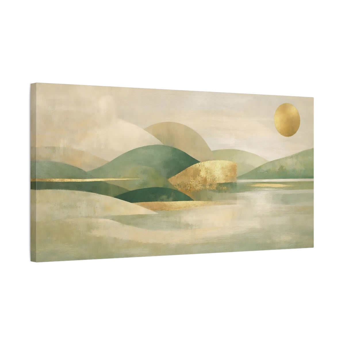 Side Mockup 2. Nature Mountain Landscape Green Gold Landscape shown as stretched canvas wall art