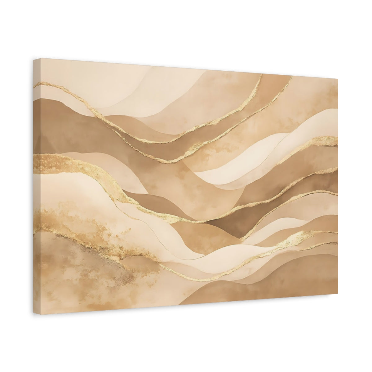 Side Mockup 3. Abstract Abstract Waves Beige Gold Waves shown as stretched canvas wall art