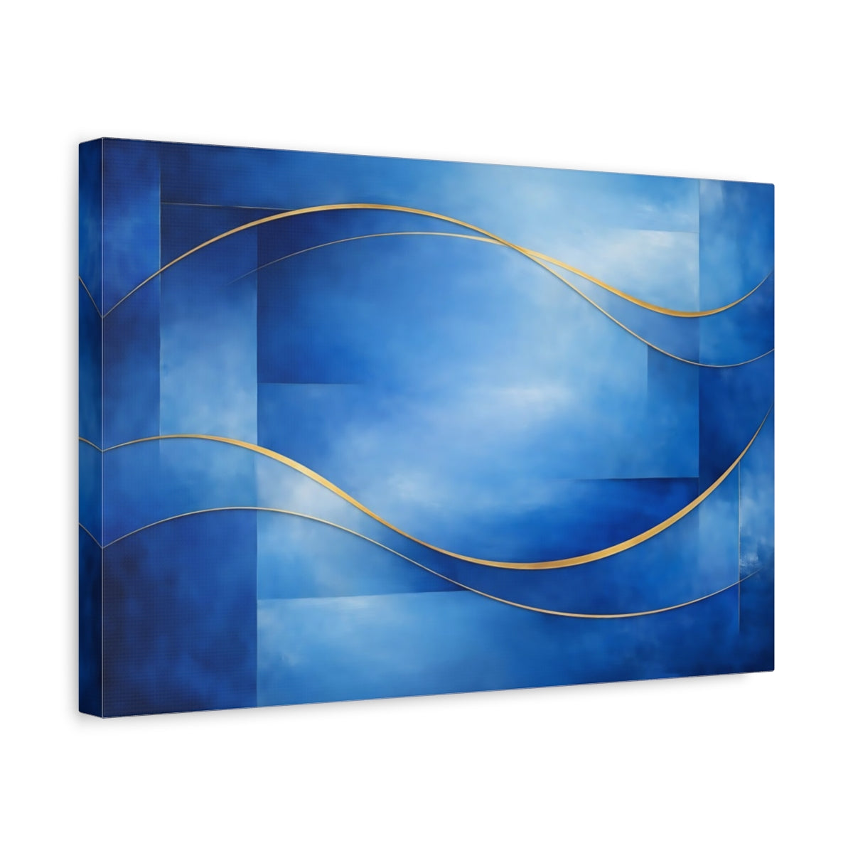 Side Mockup 4. Abstract Abstract Waves Blue And Gold Abstract shown as stretched canvas wall art