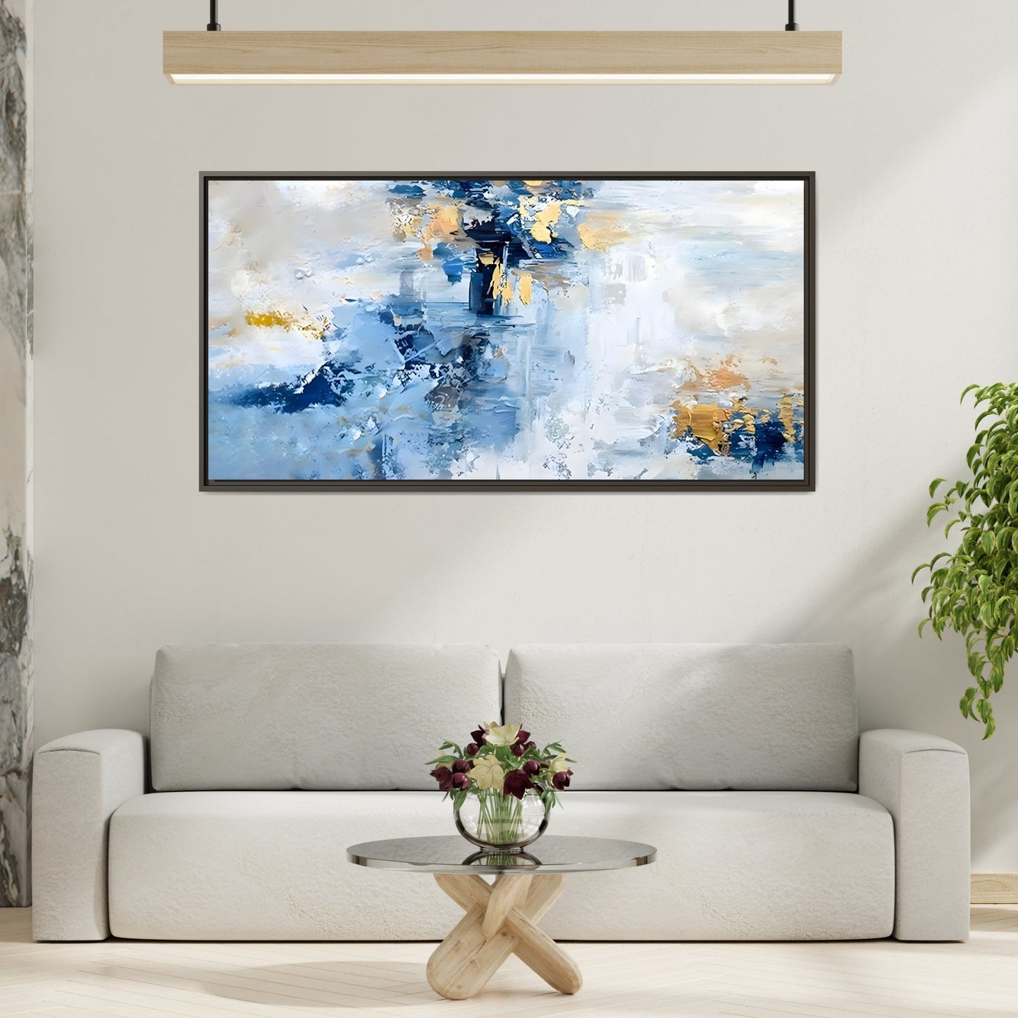 Modern Abstract White Blue Framed Canvas Print - Contemporary Living Room Art - YesArtYes