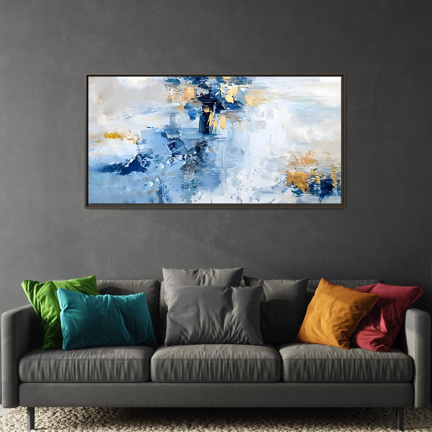 Modern Abstract White Blue Framed Canvas Print - Contemporary Living Room Art - YesArtYes