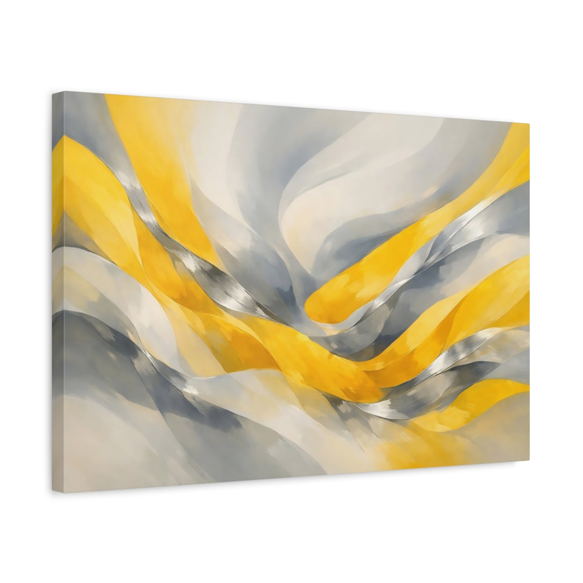 Side Mockup 3. Abstract Abstract Waves Yellow And Grey shown as stretched canvas wall art