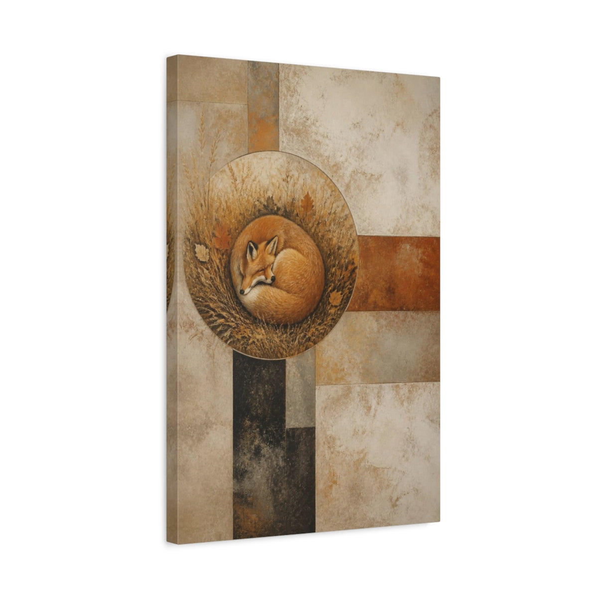Side Mockup 3. Modern Curled Fox shown as canvas print