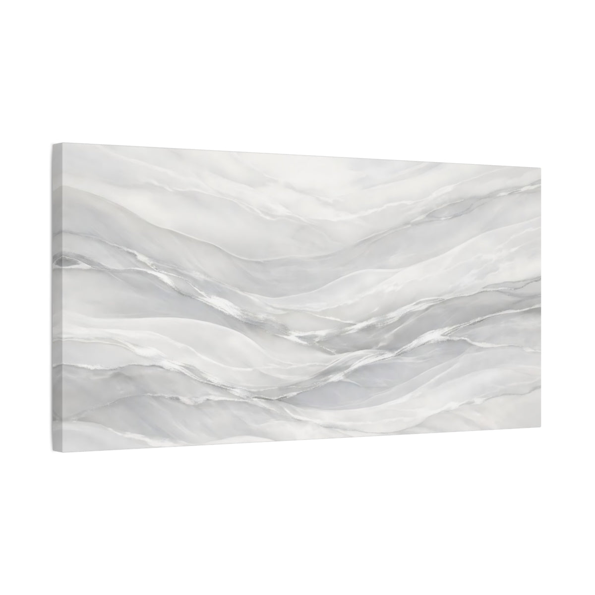 Side Mockup 2. Abstract Abstract Waves White And Silver shown as stretched canvas wall art