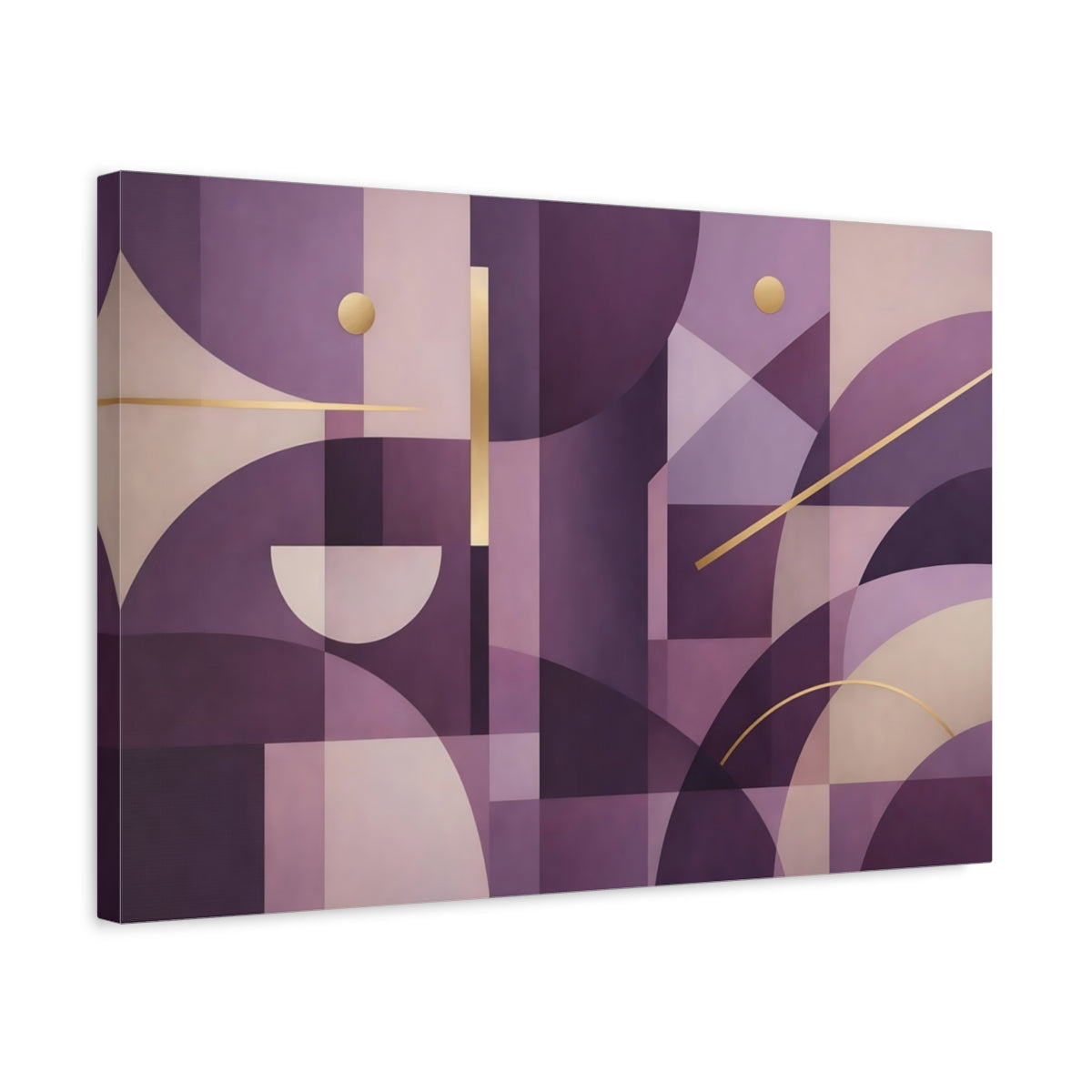 Side Mockup 3. Abstract Geometric Abstract Purple And Gold shown as stretched canvas wall art
