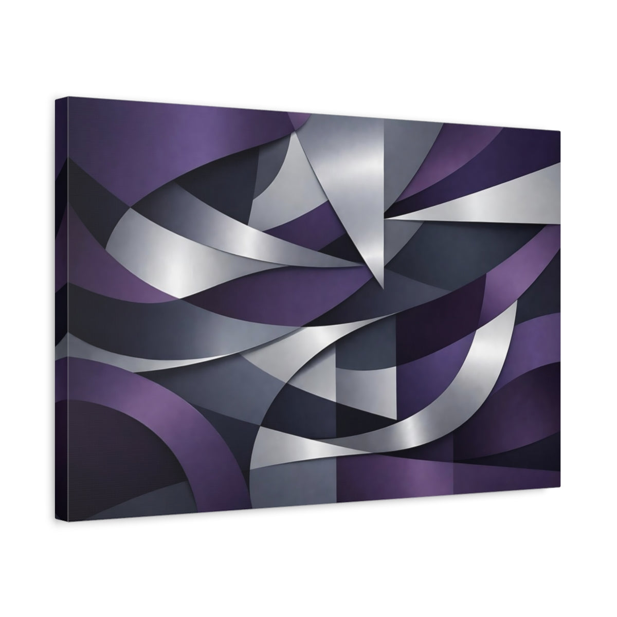 Side Mockup 3. Abstract Abstract Shapes Purple And Silver Abstract shown as stretched canvas wall art