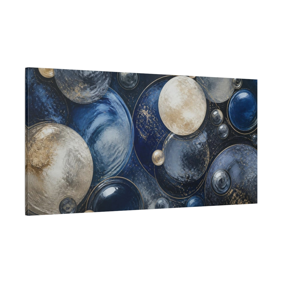 Side Mockup 2. Modern Gold Blue Spheres shown as canvas print