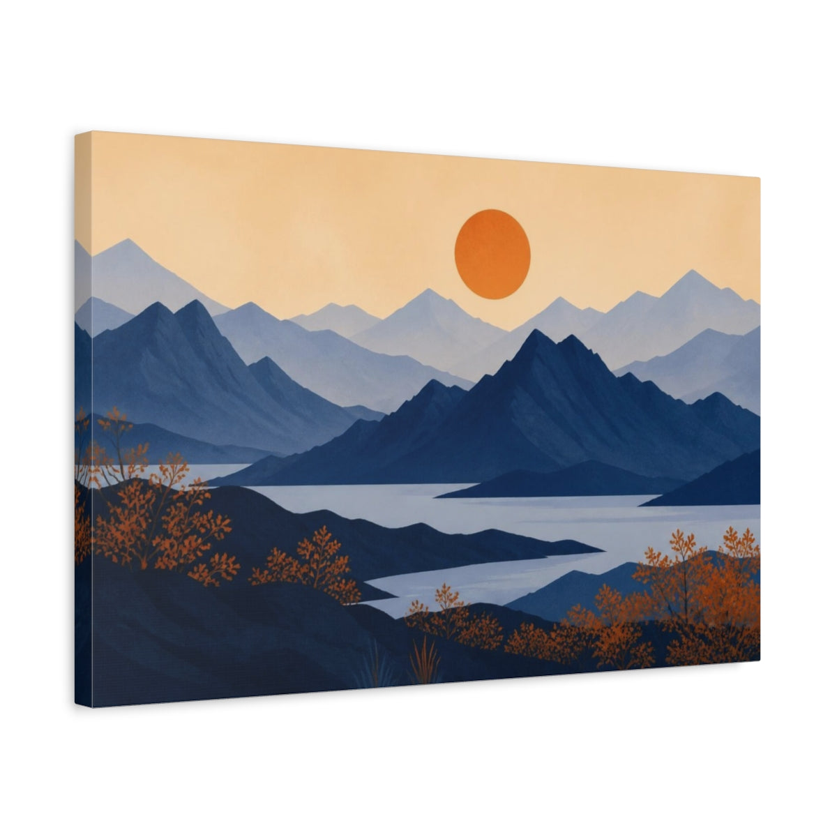 Side Mockup 3. Modern Indigo Mountain Sunset shown as canvas print