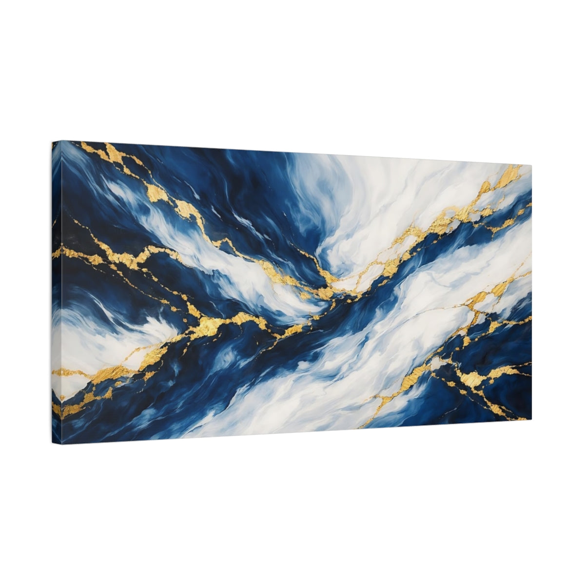 Side Mockup 2. Abstract Abstract Flow Blue Gold Abstract shown as stretched canvas wall art