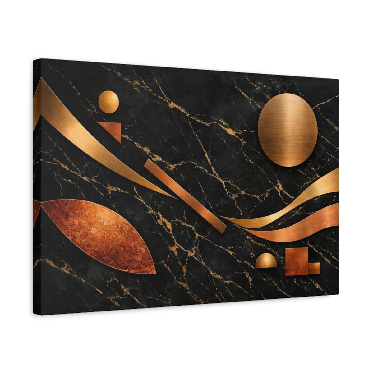 Side Mockup 3. Abstract Geometric Shapes Black Gold Copper shown as stretched canvas wall art
