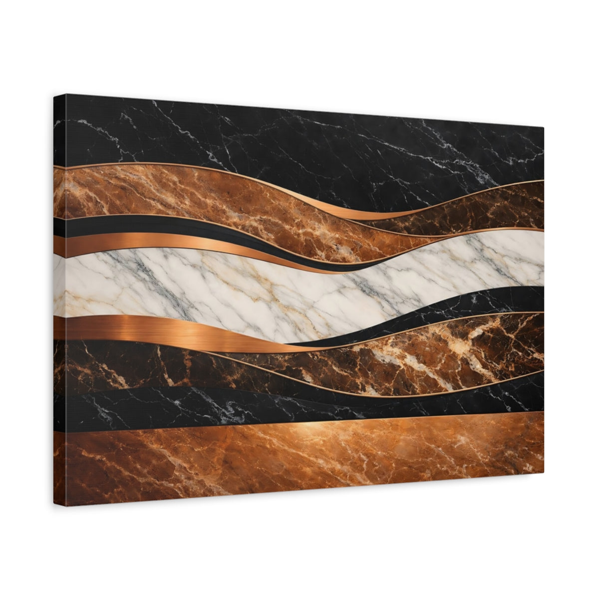 Side Mockup 3. Abstract Abstract Marble Black Brown Copper Marble shown as stretched canvas wall art