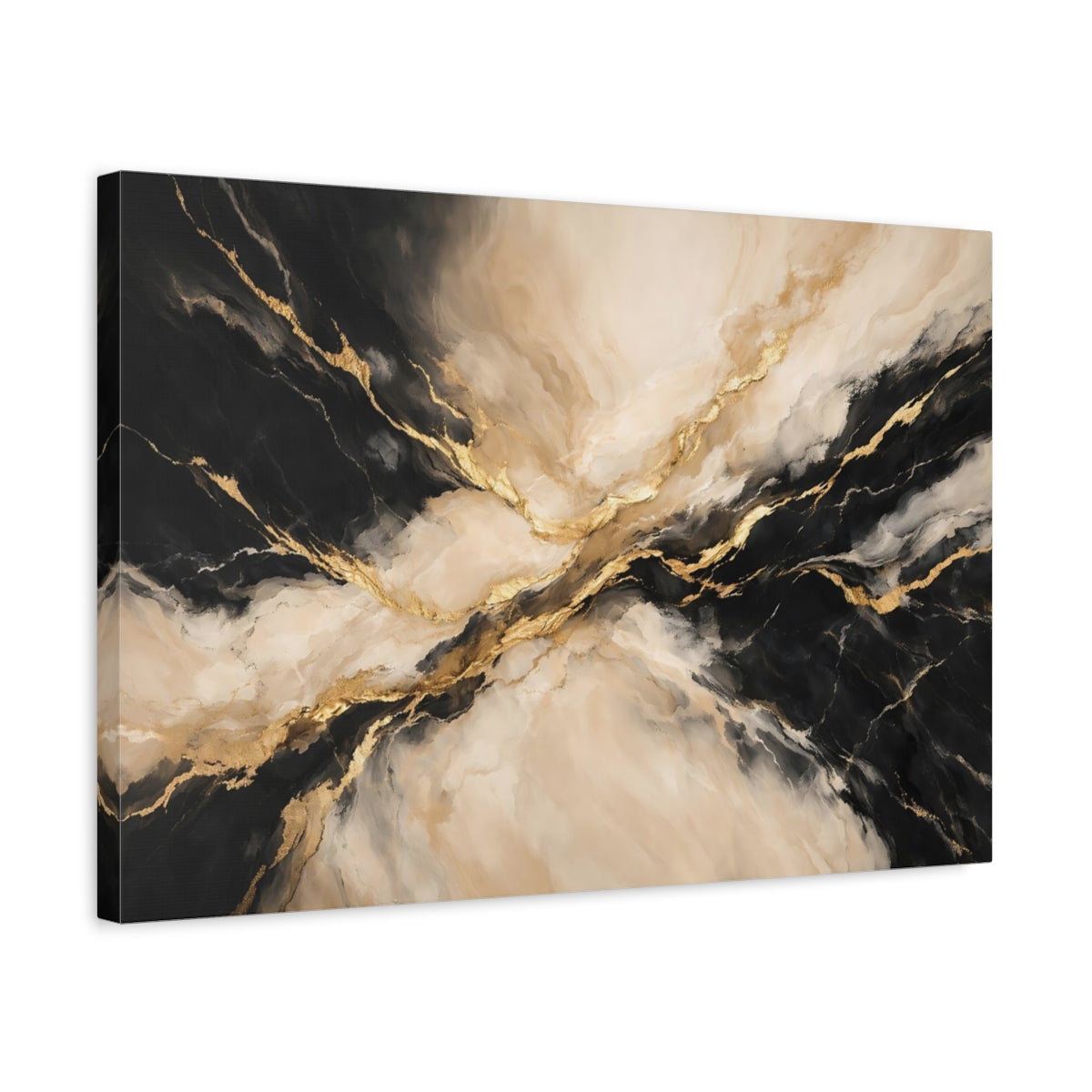 Side Mockup 3. Abstract Marble Texture Black Gold Marble shown as stretched canvas wall art