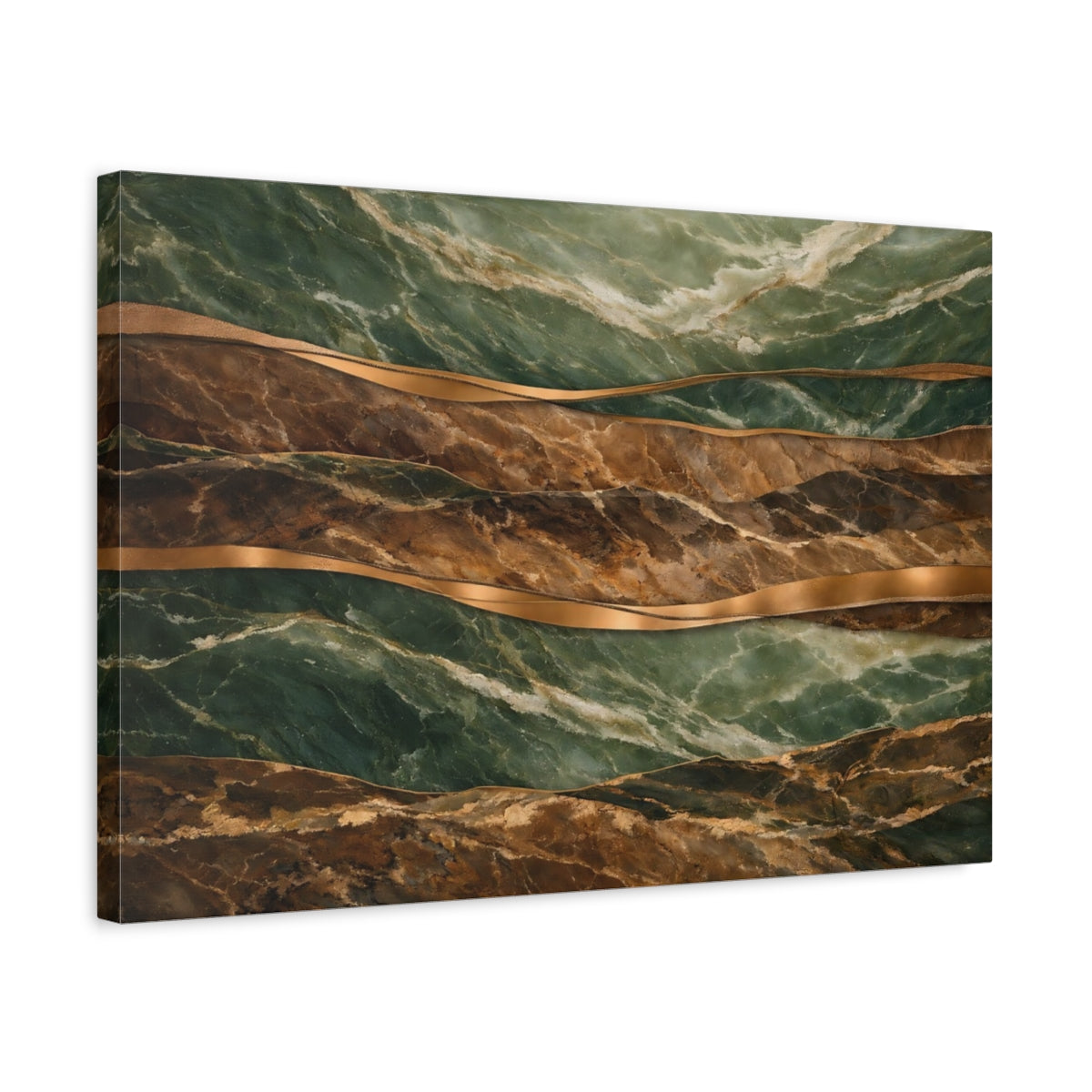Side Mockup 3. Abstract Marble Texture Green Gold Marble shown as stretched canvas wall art