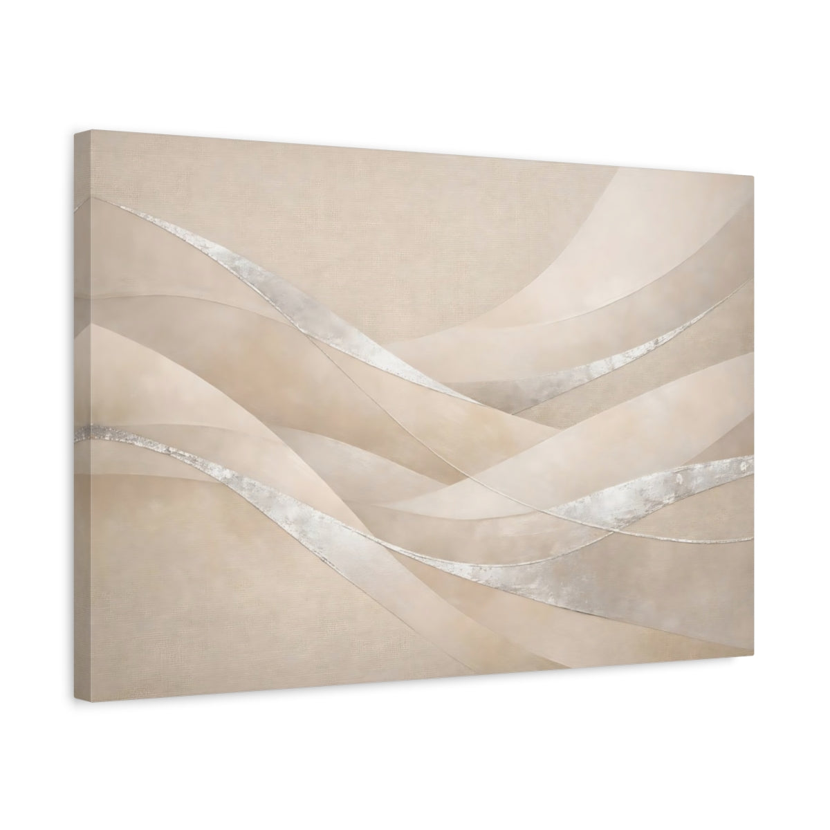 Side Mockup 3. Abstract Abstract Waves Beige Silver shown as stretched canvas wall art