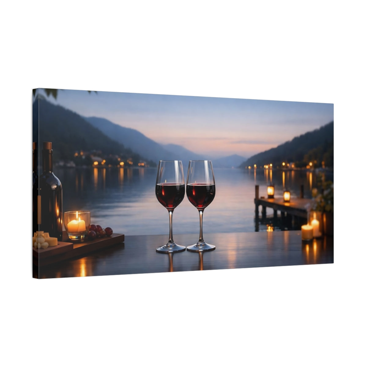 Side Mockup 2. Nature Wine Glasses Dusk Lake View shown as stretched canvas wall art