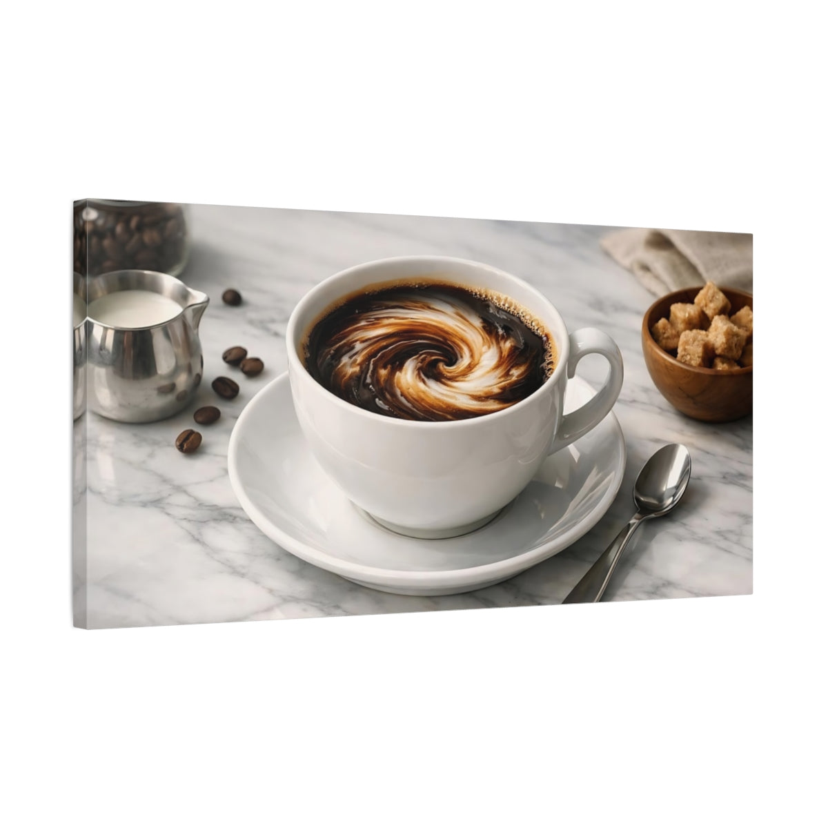 Side Mockup 2. Abstract Coffee Swirl Brown And White Coffee shown as stretched canvas wall art