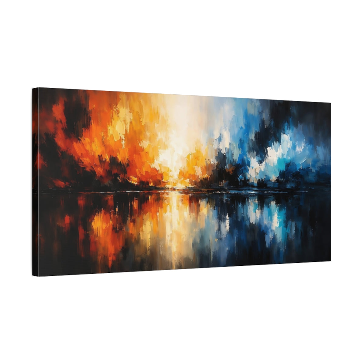 Side Mockup 2. Abstract Abstract Waterscape Abstract Orange Blue shown as stretched canvas wall art