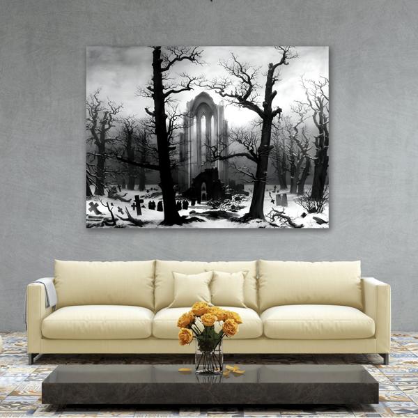 Monastery Graveyard Black White Canvas Wall Art - Friedrich Landscape Print - YesArtYes