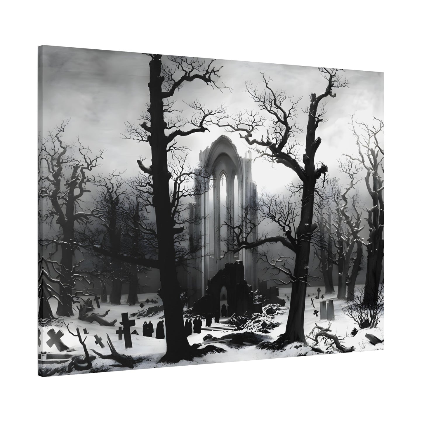 Monastery Graveyard Black White Canvas Wall Art - Friedrich Landscape Print - YesArtYes