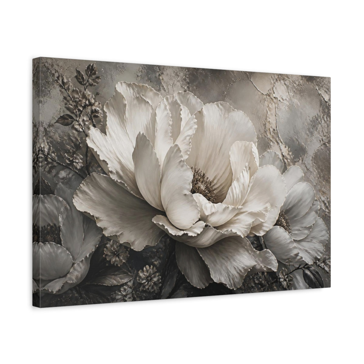 Side Mockup 3. Monochrome Peony Flower shown as canvas print