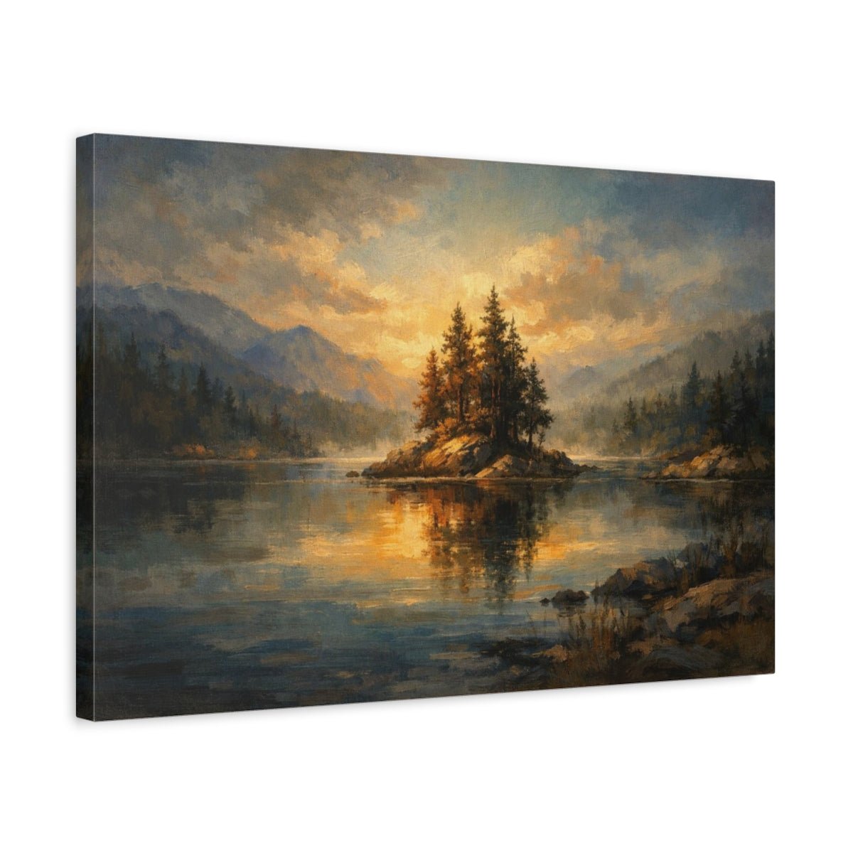 Moody Lake Tranquil Treed Island Nature - Canvas Wall Art Print - YesArtYes