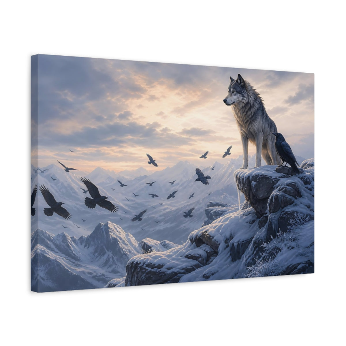 Side Mockup 3. Moody Luxury Realism Wolf And Raven On Snowy Cliff shown as stretched canvas wall art