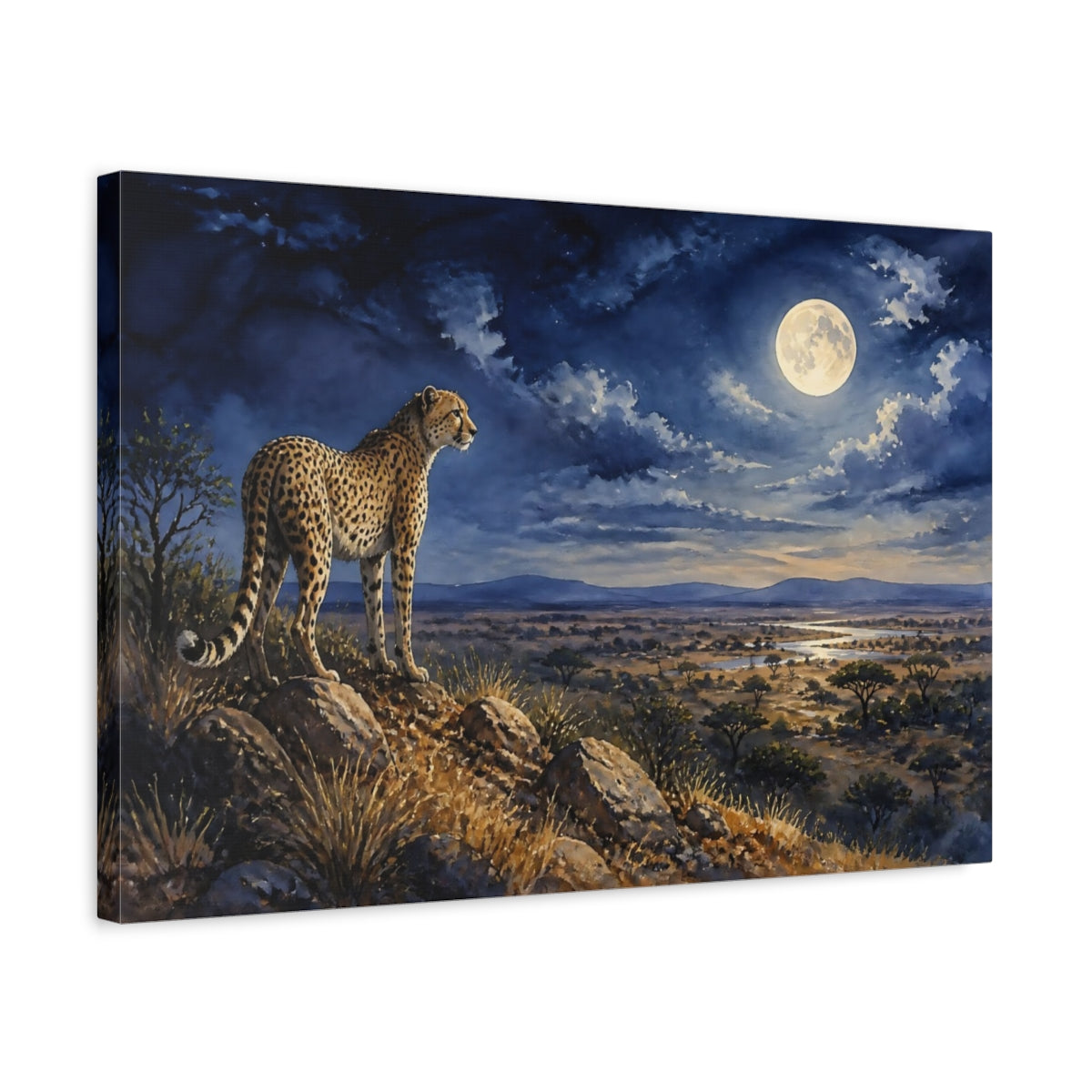 Side Mockup 3. Moonlit Cheetah Over Savanna shown as canvas print