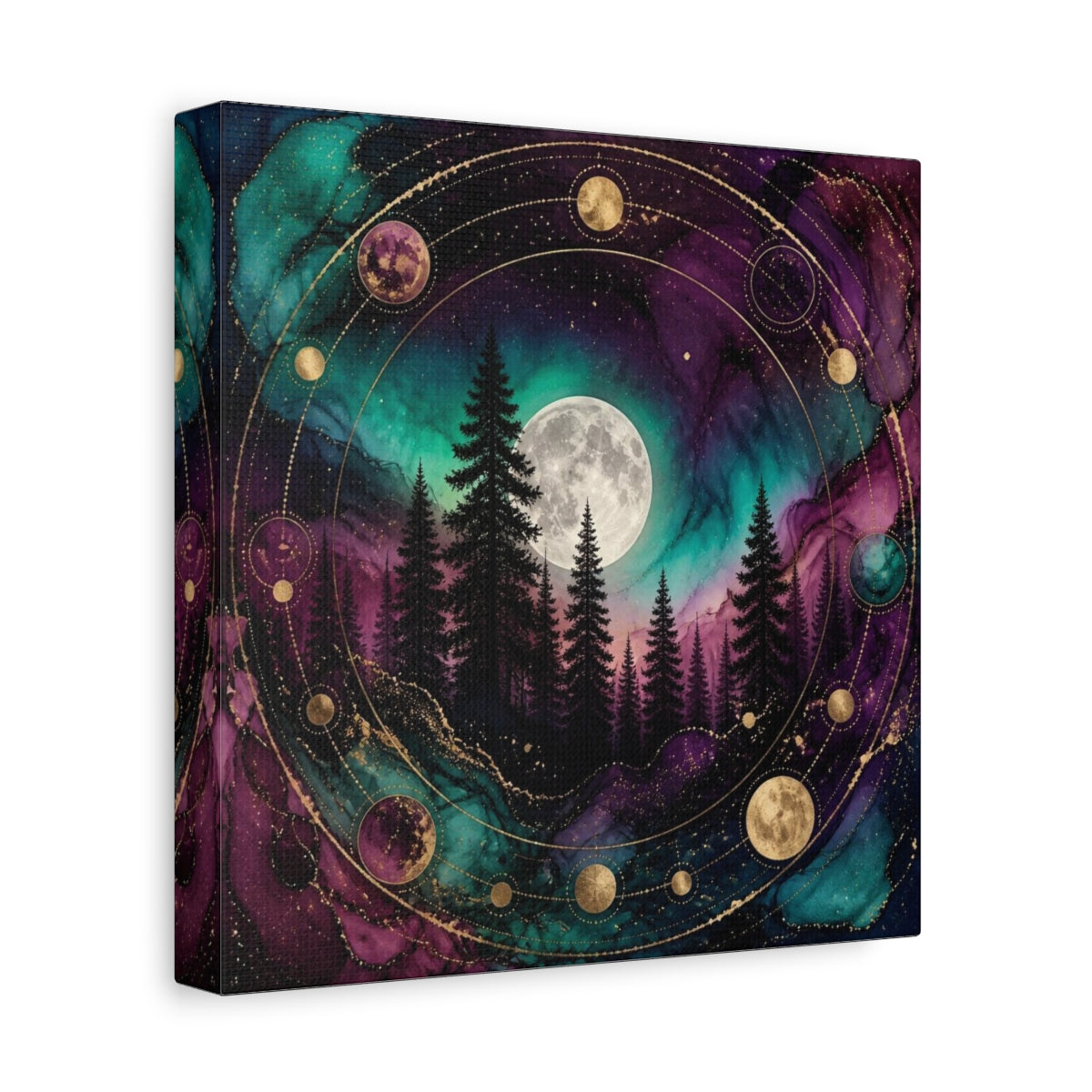 Side Mockup 9. Moonlit Pine Forest shown as canvas print