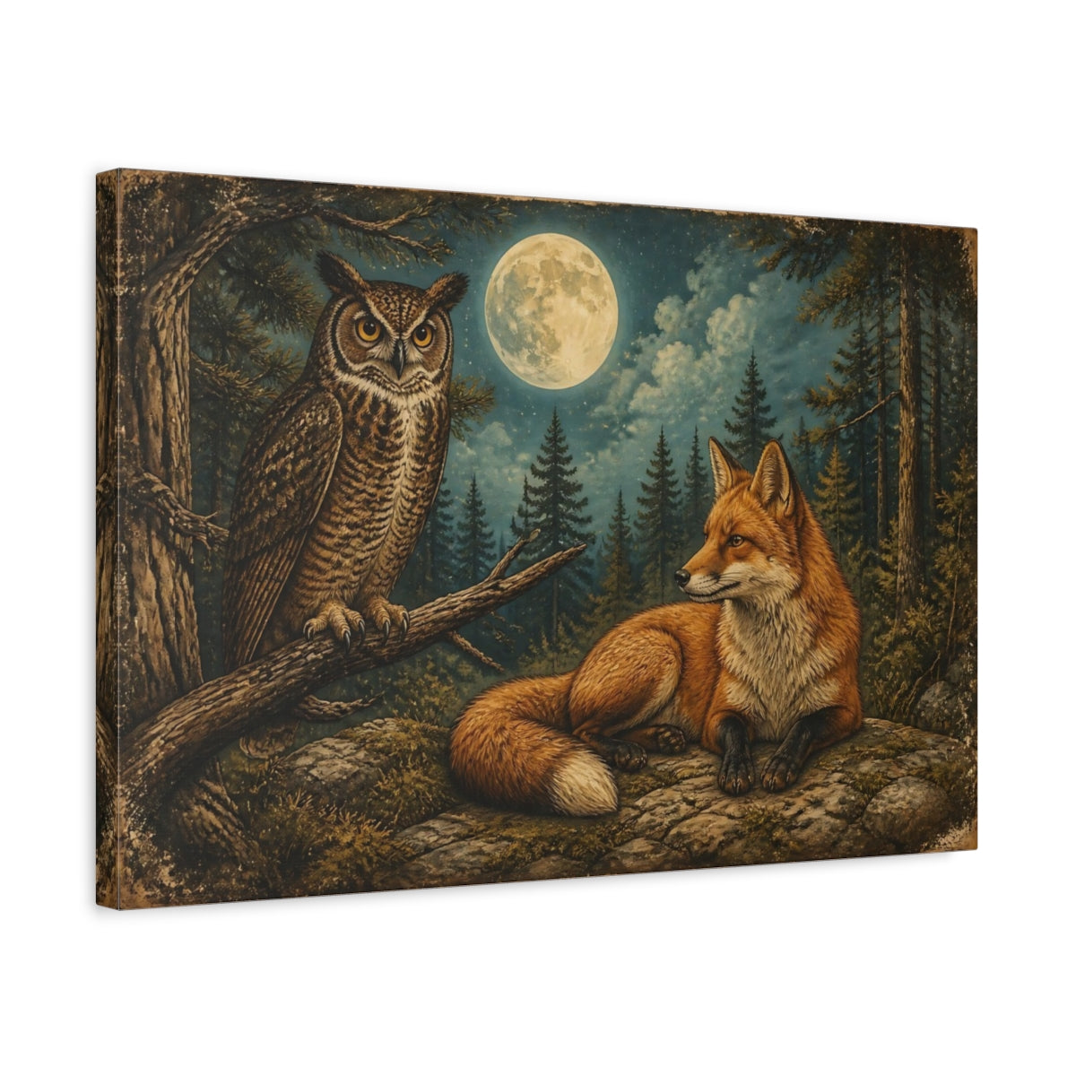 Side Mockup 3. Moonlit Red Fox And Owl shown as canvas print