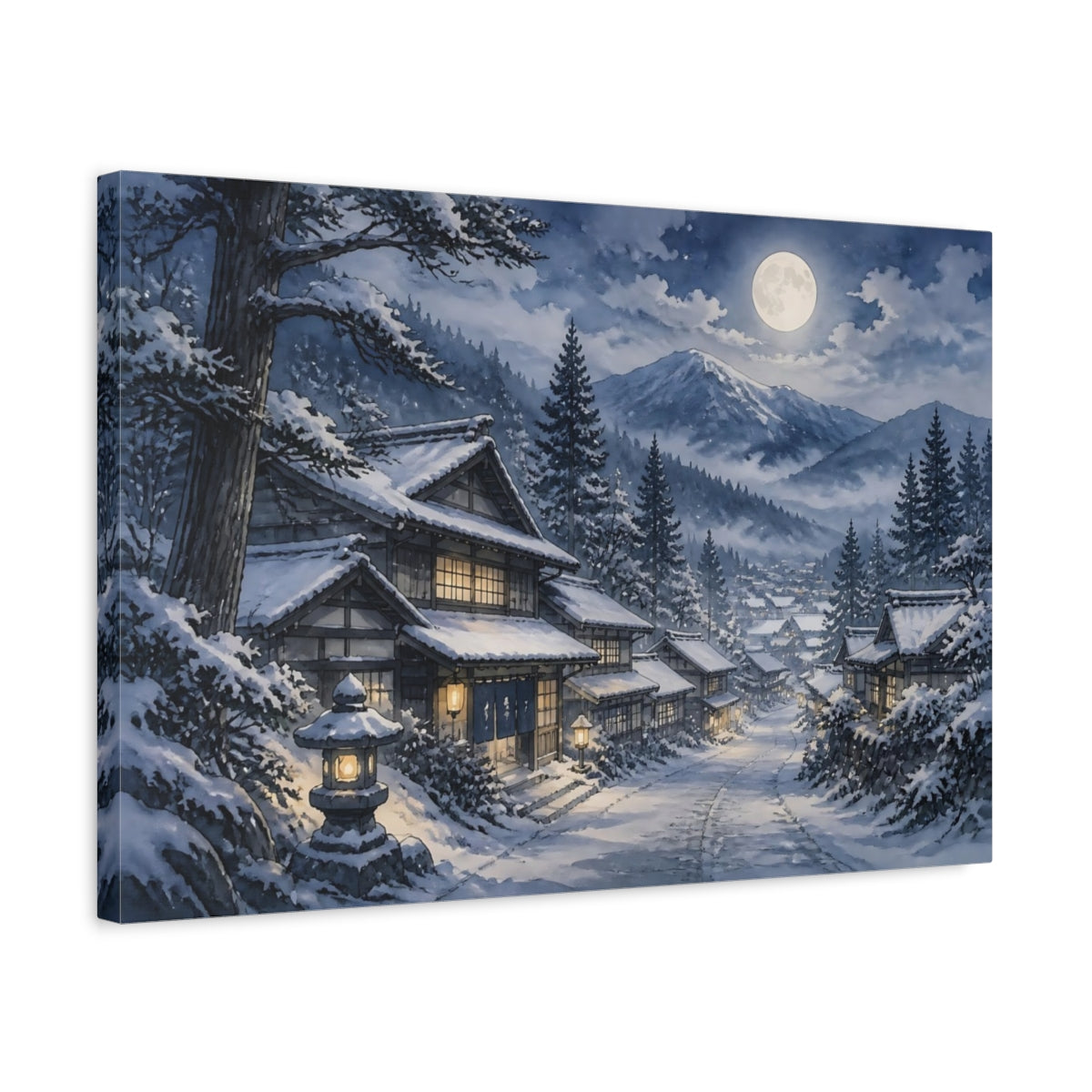 Side Mockup 3. Moonlit Snow Village shown as canvas print
