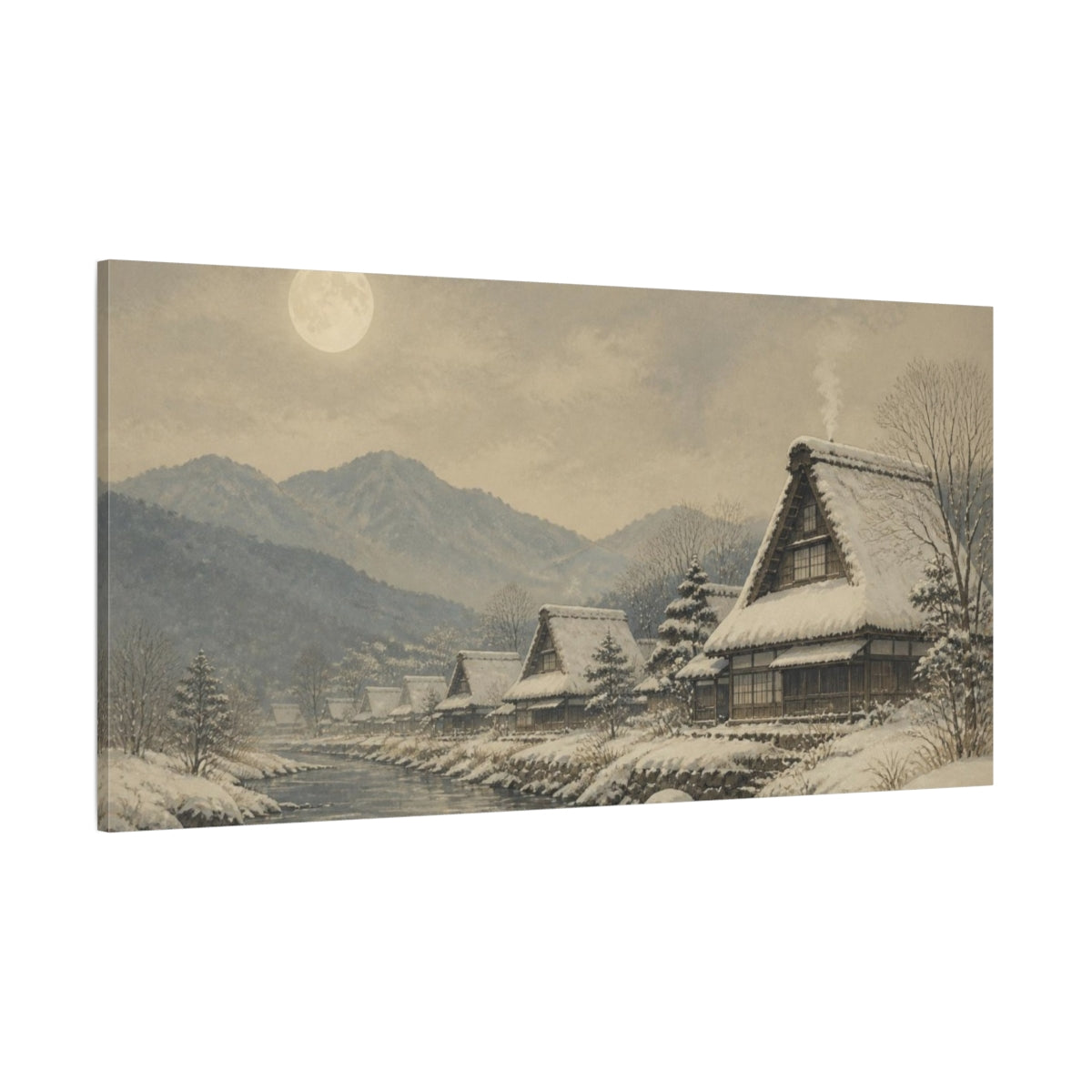 Side Mockup 2. Moonlit Snow Village shown as canvas print