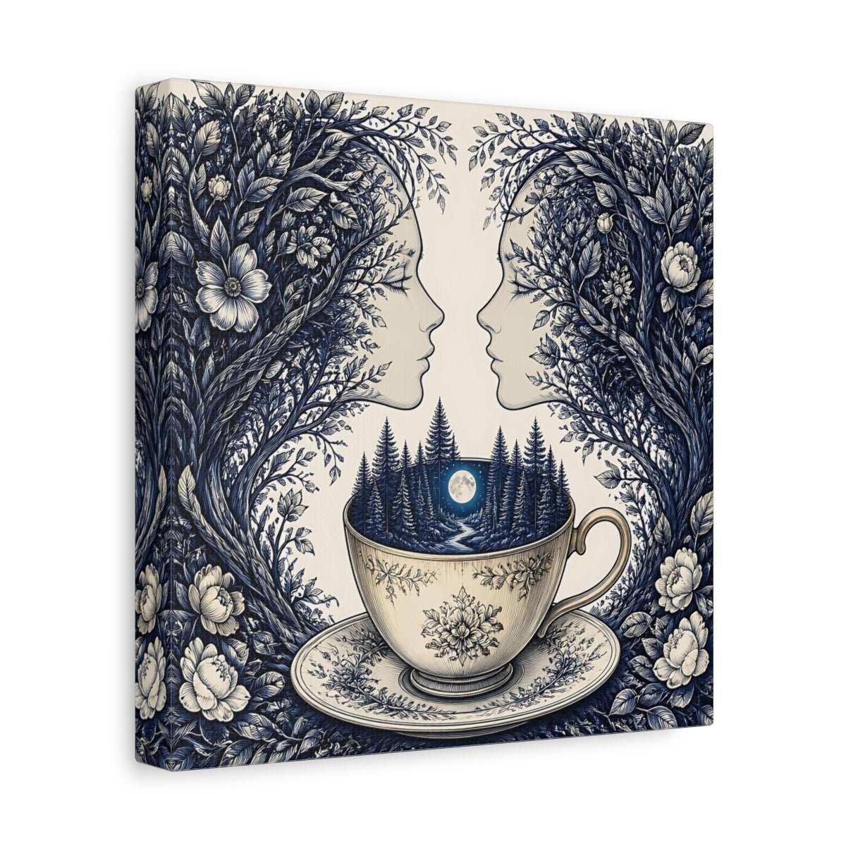 Moonlit Teacup Forest Canvas Print – Living Room, Above Console Table, Navy Blue & Cream - YesArtYes