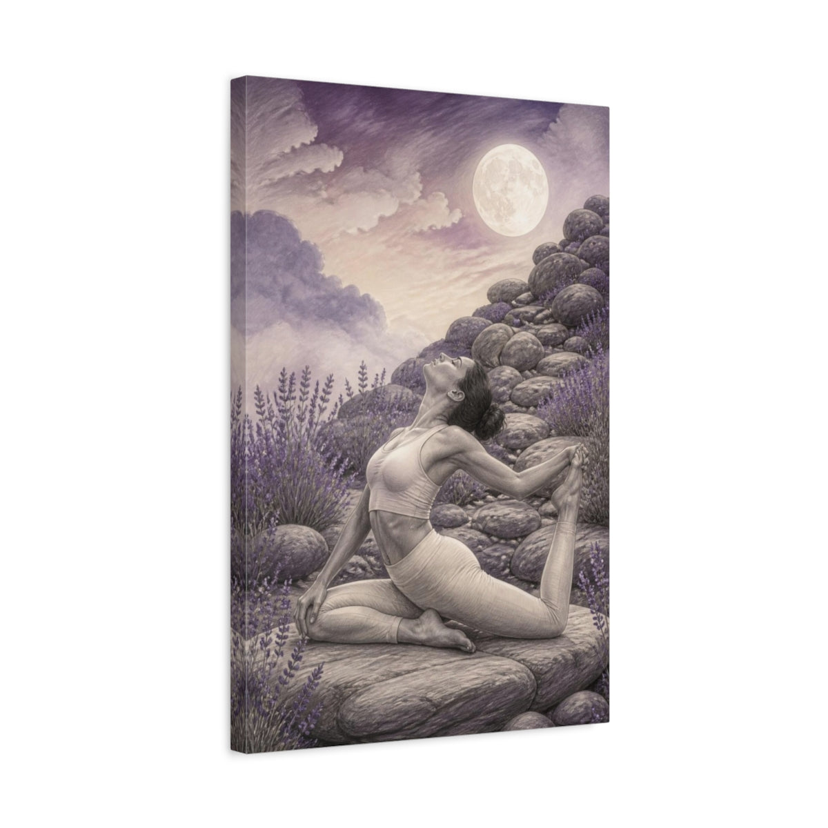 Side Mockup 3. Moonlit Yoga Pose shown as canvas print