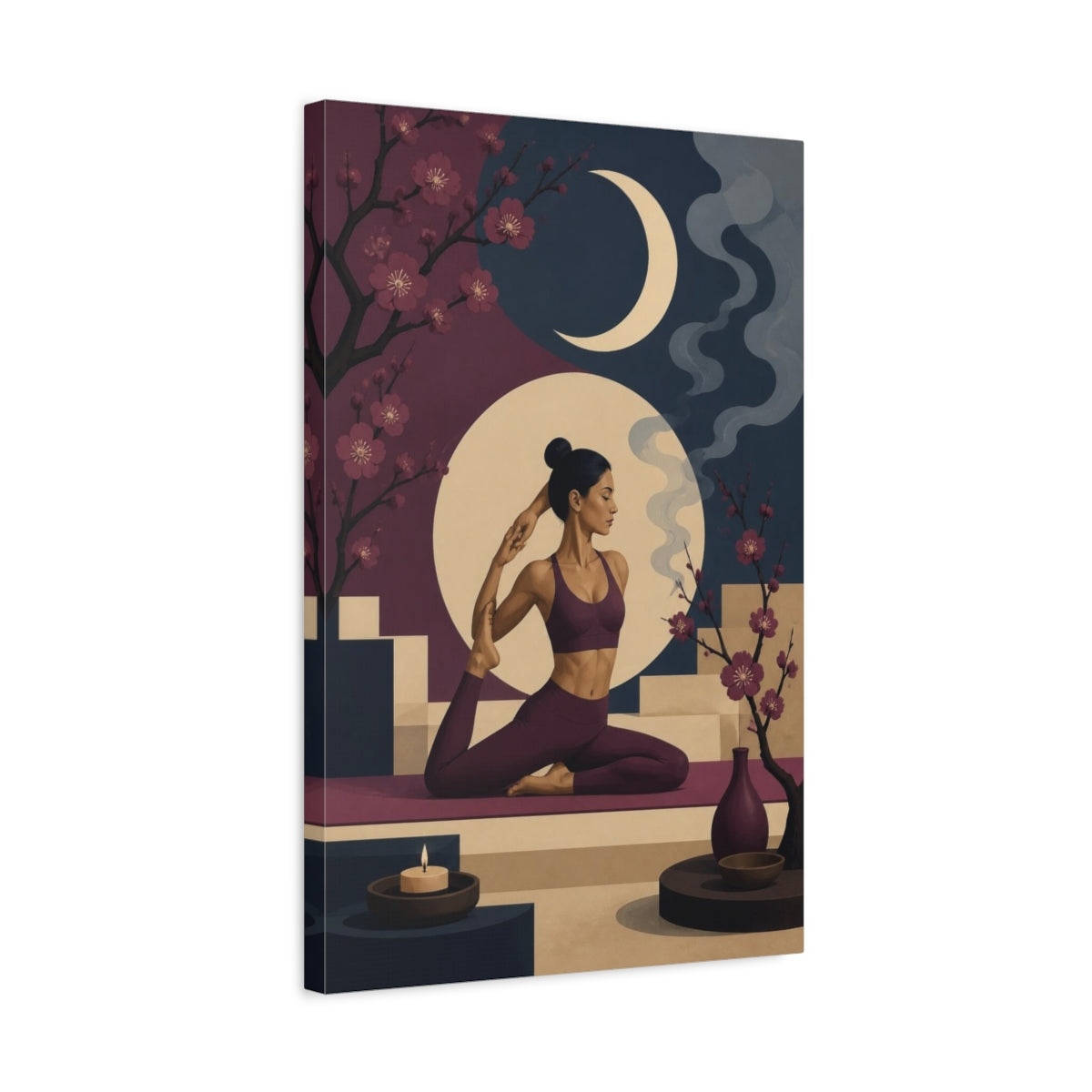 Side Mockup 3. Moonlit Yoga Woman shown as canvas print