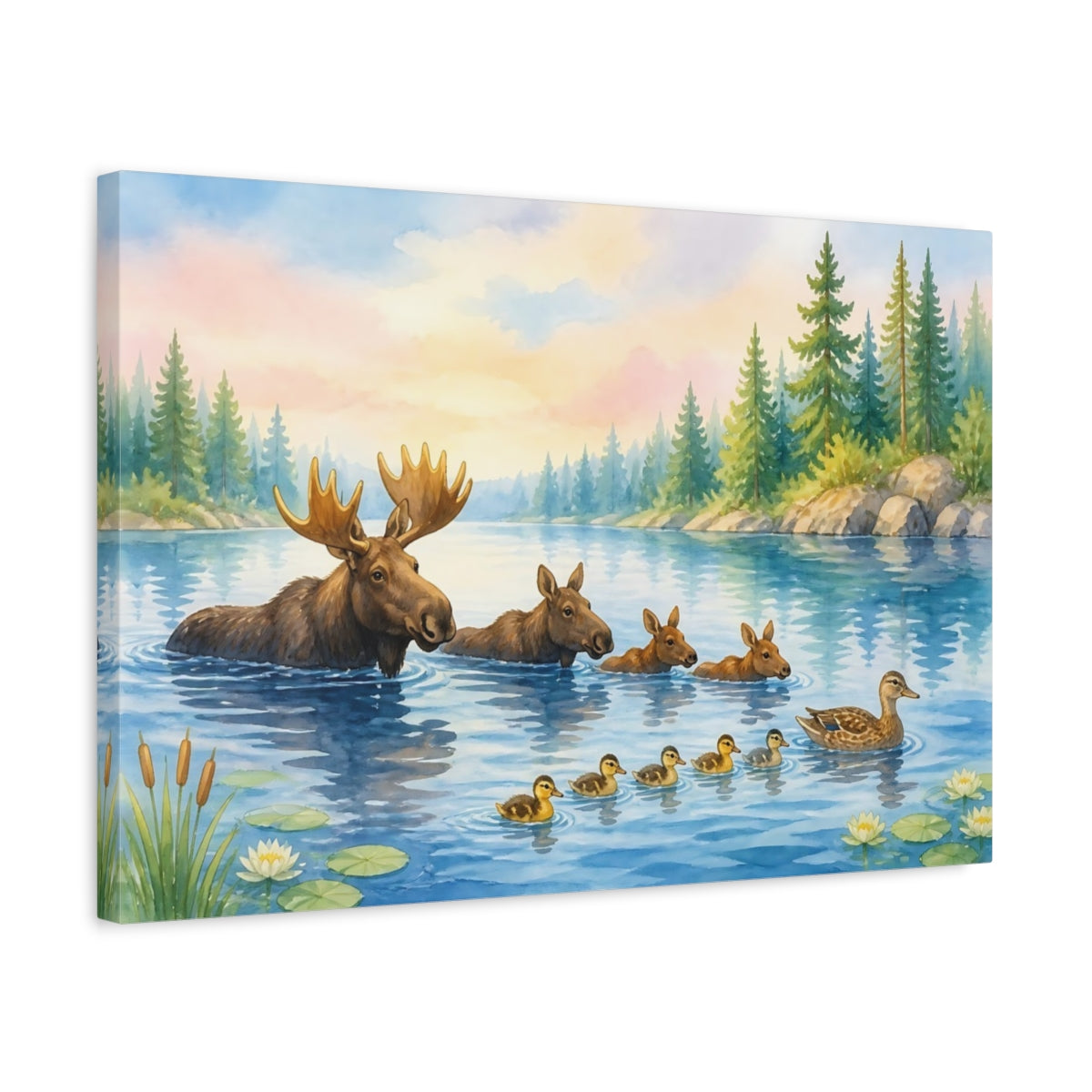 Side Mockup 3. Moose Family By The Lake shown as canvas print