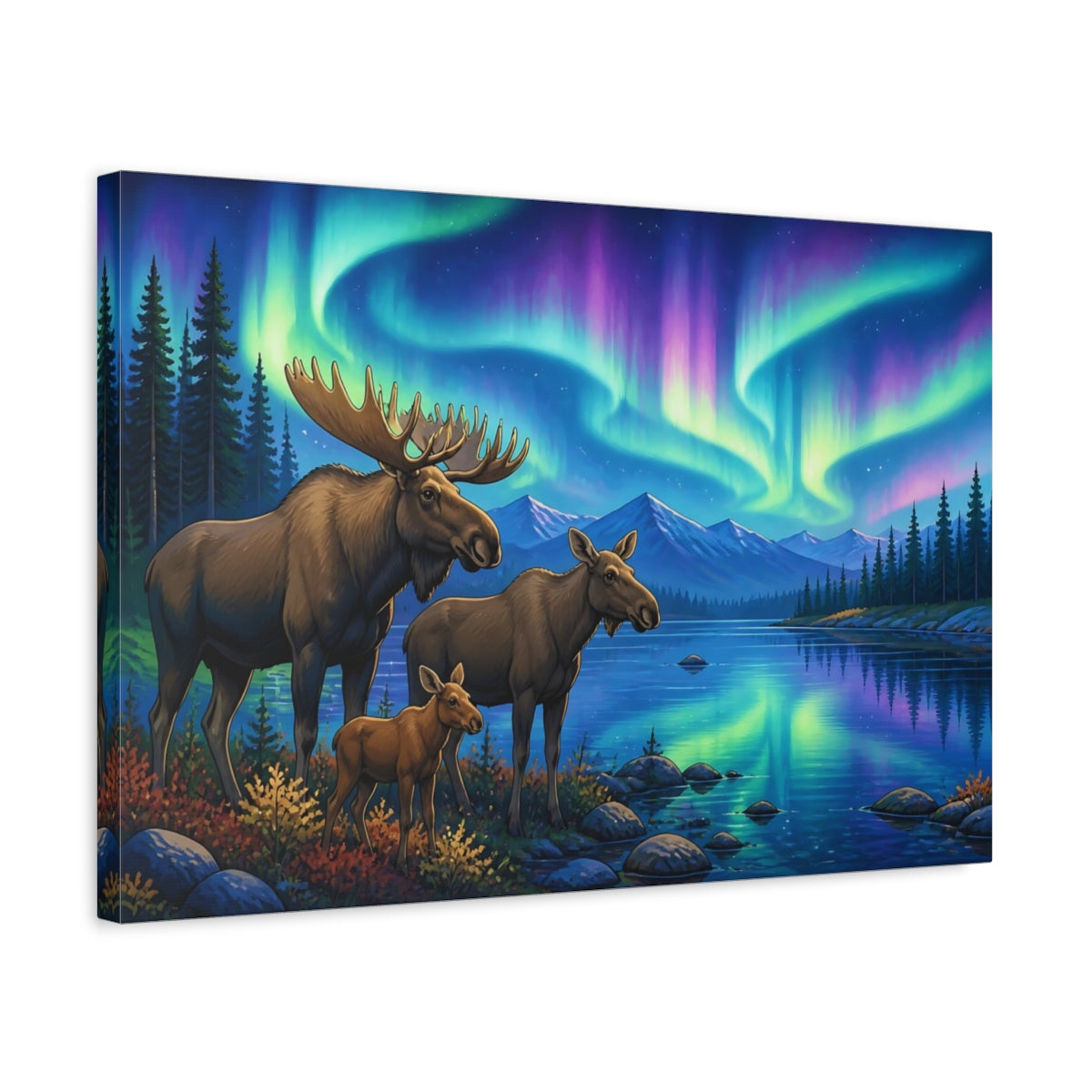 Side Mockup 3. Moose Under Aurora Animals shown as canvas print