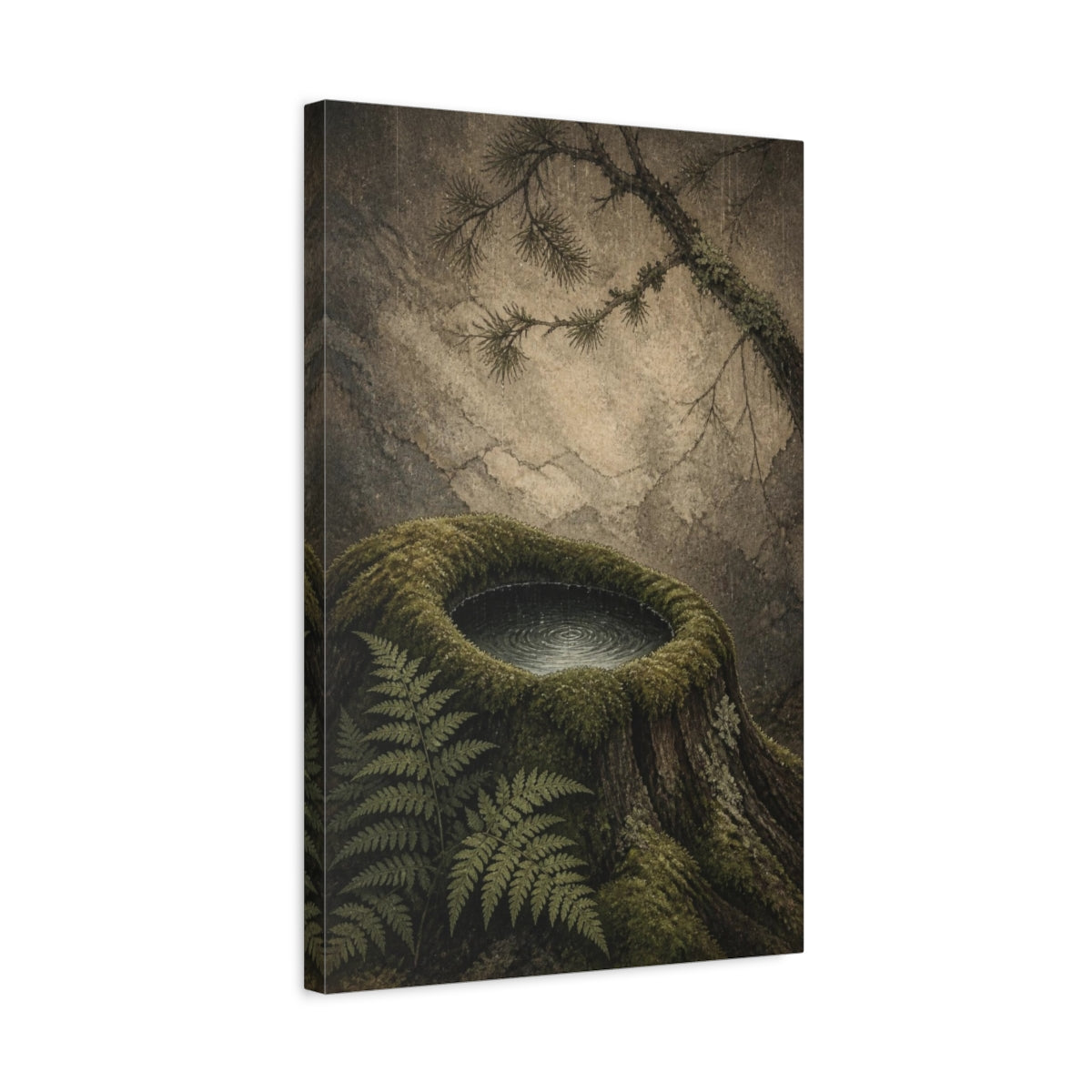Side Mockup 3. Moss-Crowned Stump Pool shown as canvas print