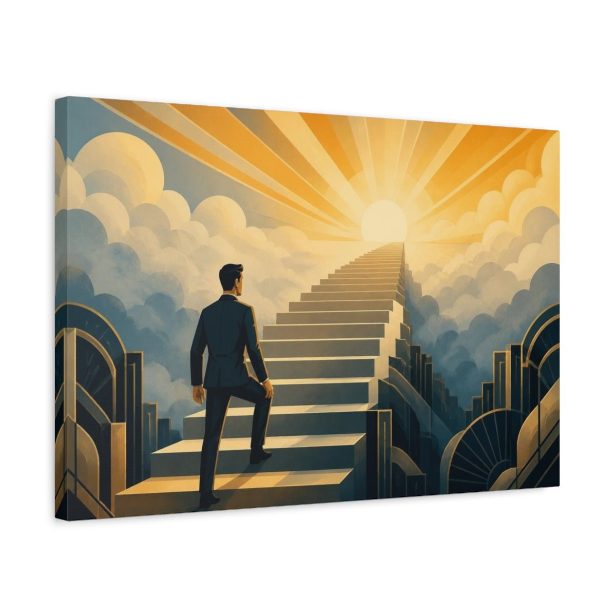 Motivation Staircase To Sunrise Canvas Print – Office, Above Desk, Gold And Slate-Blue - YesArtYes