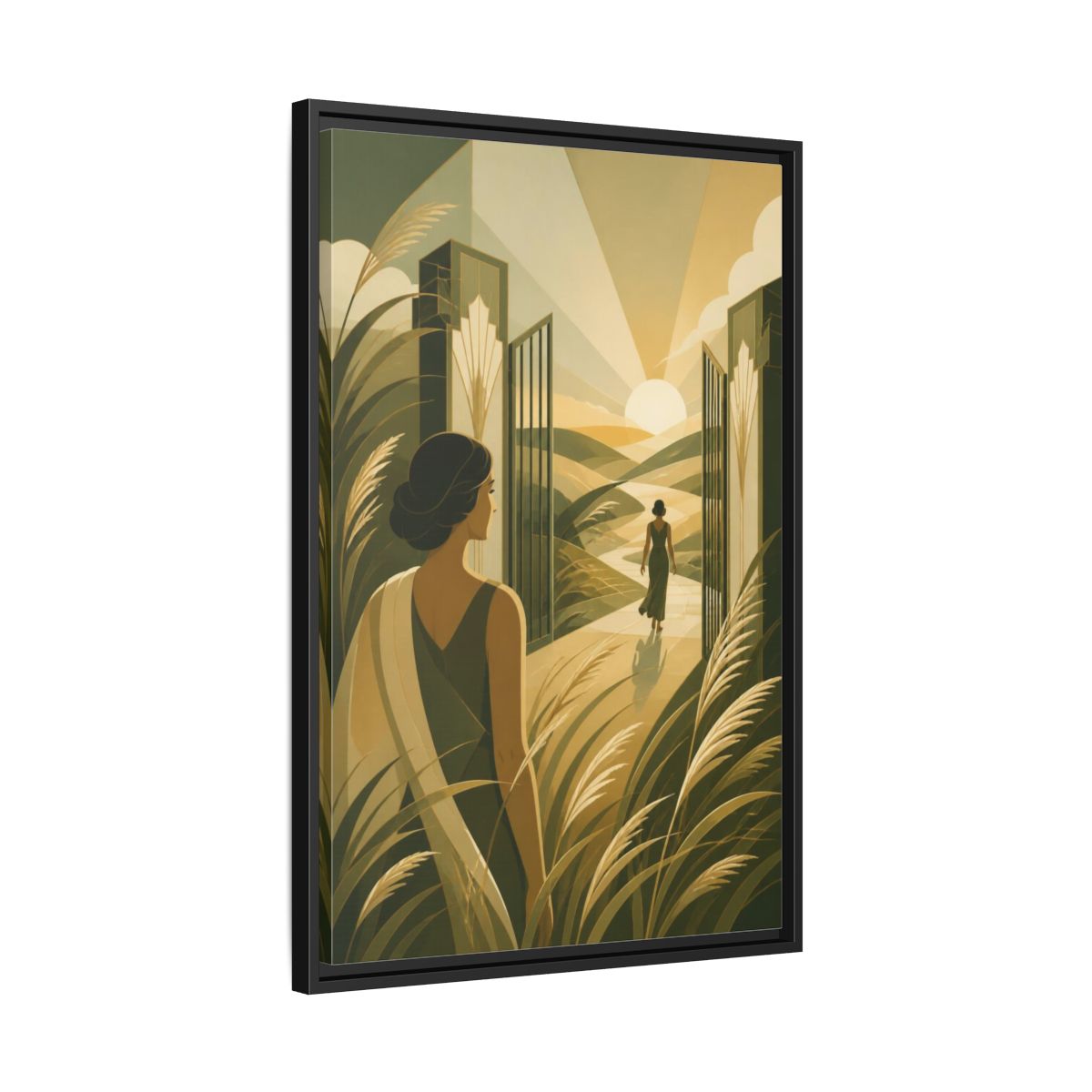 Side Mockup 14. Motivation: Woman At Sunrise shown as framed canvas print