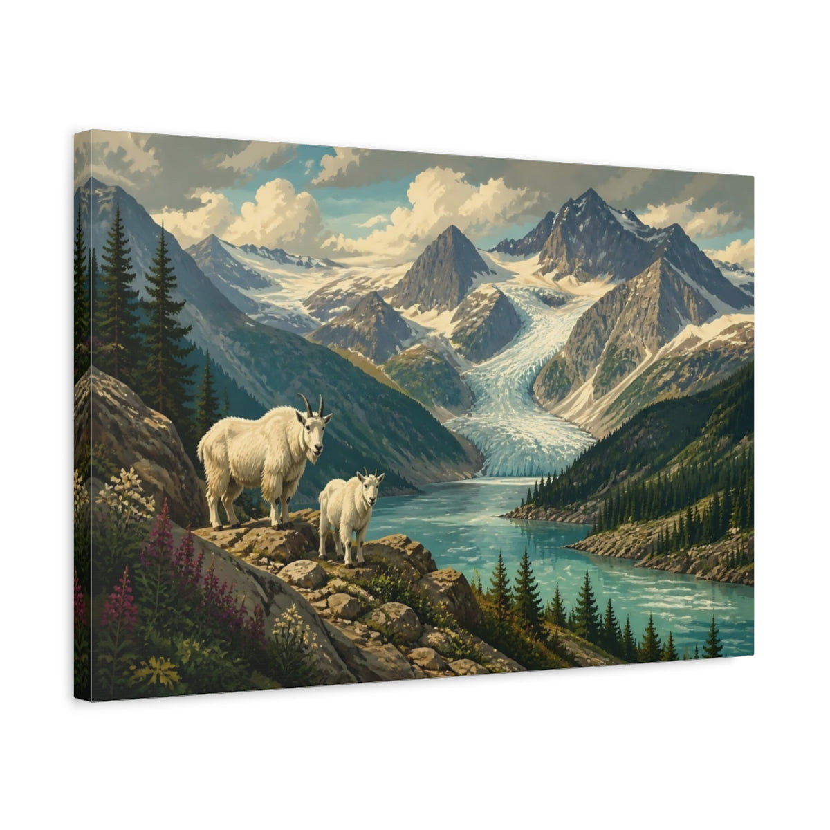 Side Mockup 3. Mountain Goats By Glacier Lake shown as canvas print
