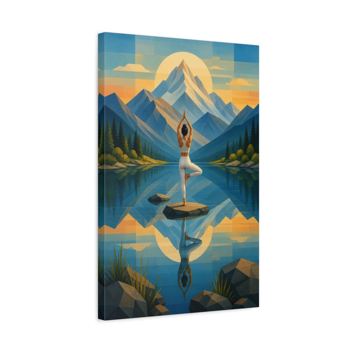Mountain Yoga Balance Canvas Print – Studio, Main Wall, Blue And Gold - YesArtYes