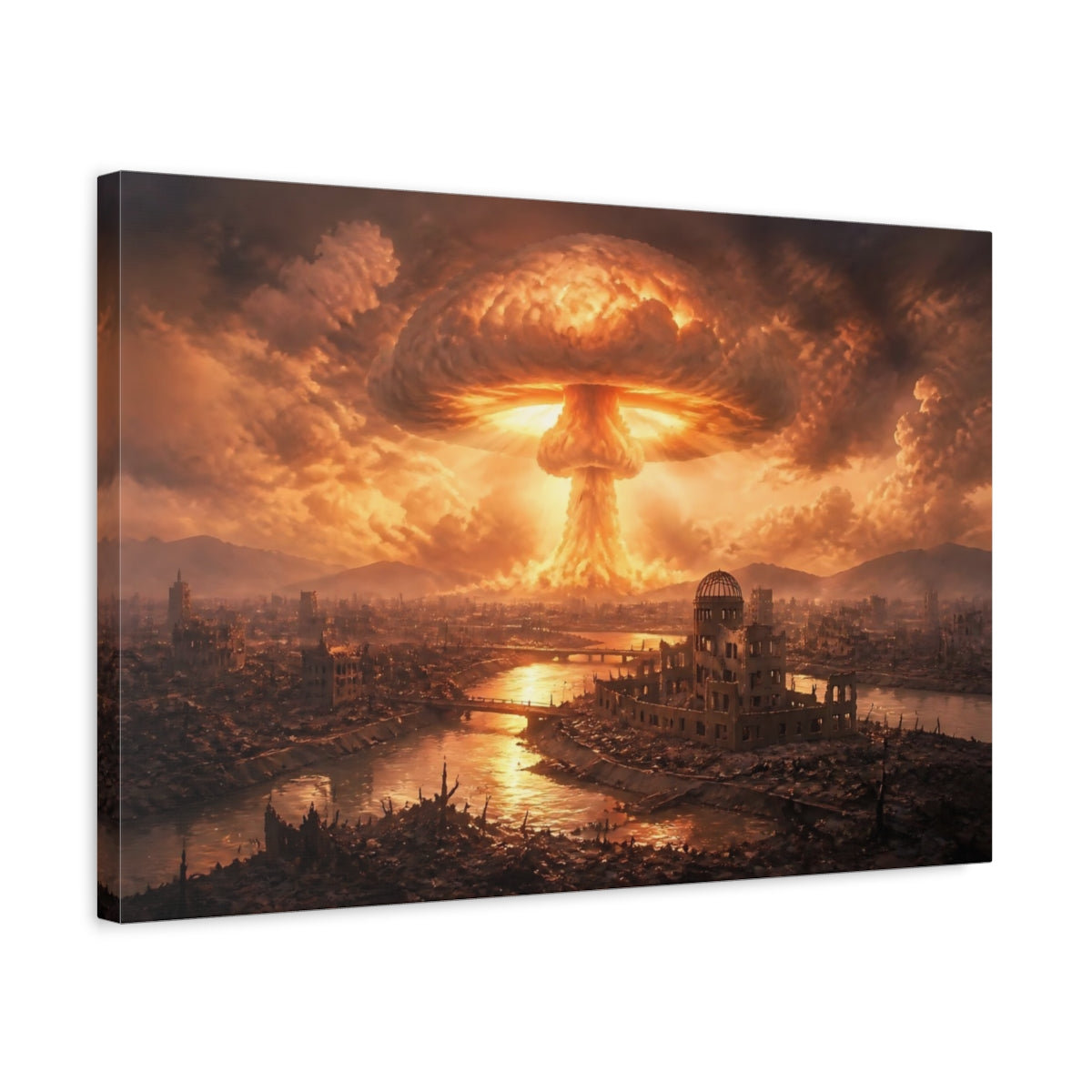 Side Mockup 3. Mushroom Cloud Over Ruins shown as canvas print