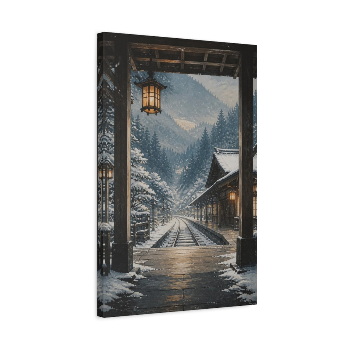 Side Mockup 3. Muted Tempera Panel Painting Snowy Rail Station Beneath Cedar Hills, Blue-Gray, White And Warm Amber shown as canvas print